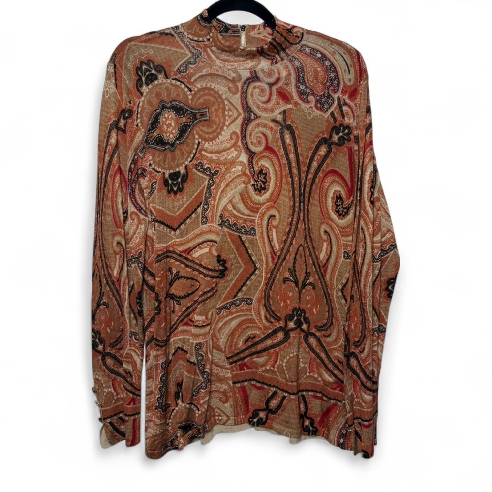 Chico’s Paisley Print Long Sleeve Top XL Chicos 3 Boho Retro Blouse Festival NWT